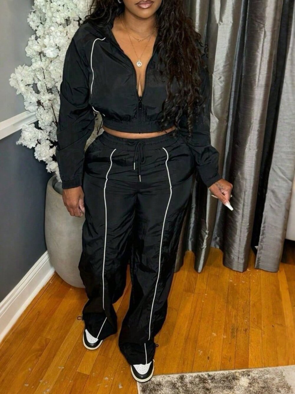 Black Casual Women's Woven Contrast Striped Top And Wide Leg Pants Set